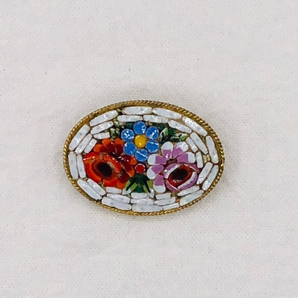 VINTAGE Brooch Floral Micro Mosaic Millefiori Style Gold Tone Flowers …